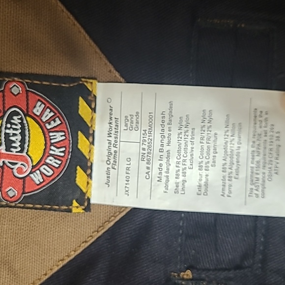 Men's Justin Original Workwear Flame Resistant Coat, Size Large - Picture 6 of 16